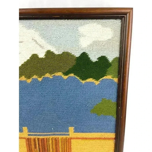 VTG Three Shastas Dam CA Needlepoint Embroidered MCM Fiber Art 12"x16" Framed - Picture 9 of 15